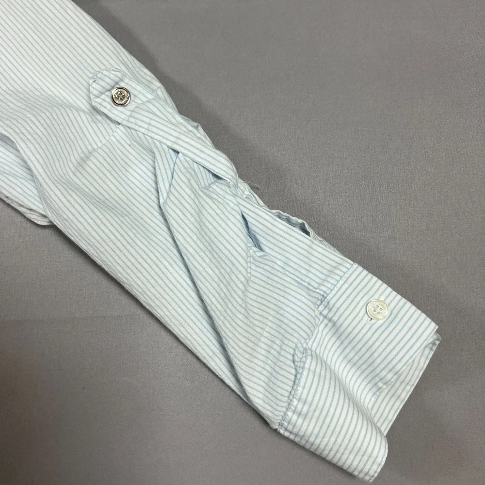 Michael Kors Button Up Shirt Womens L White Blue Striped Roll Tab Sleeve Casual